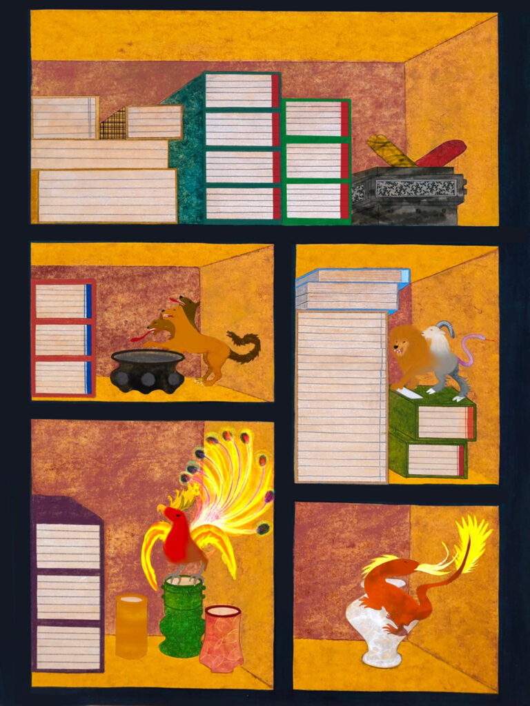 Chaekgeori with fantasy animals-fire, Estelle SO 90X70cm, colors on paper, 2021